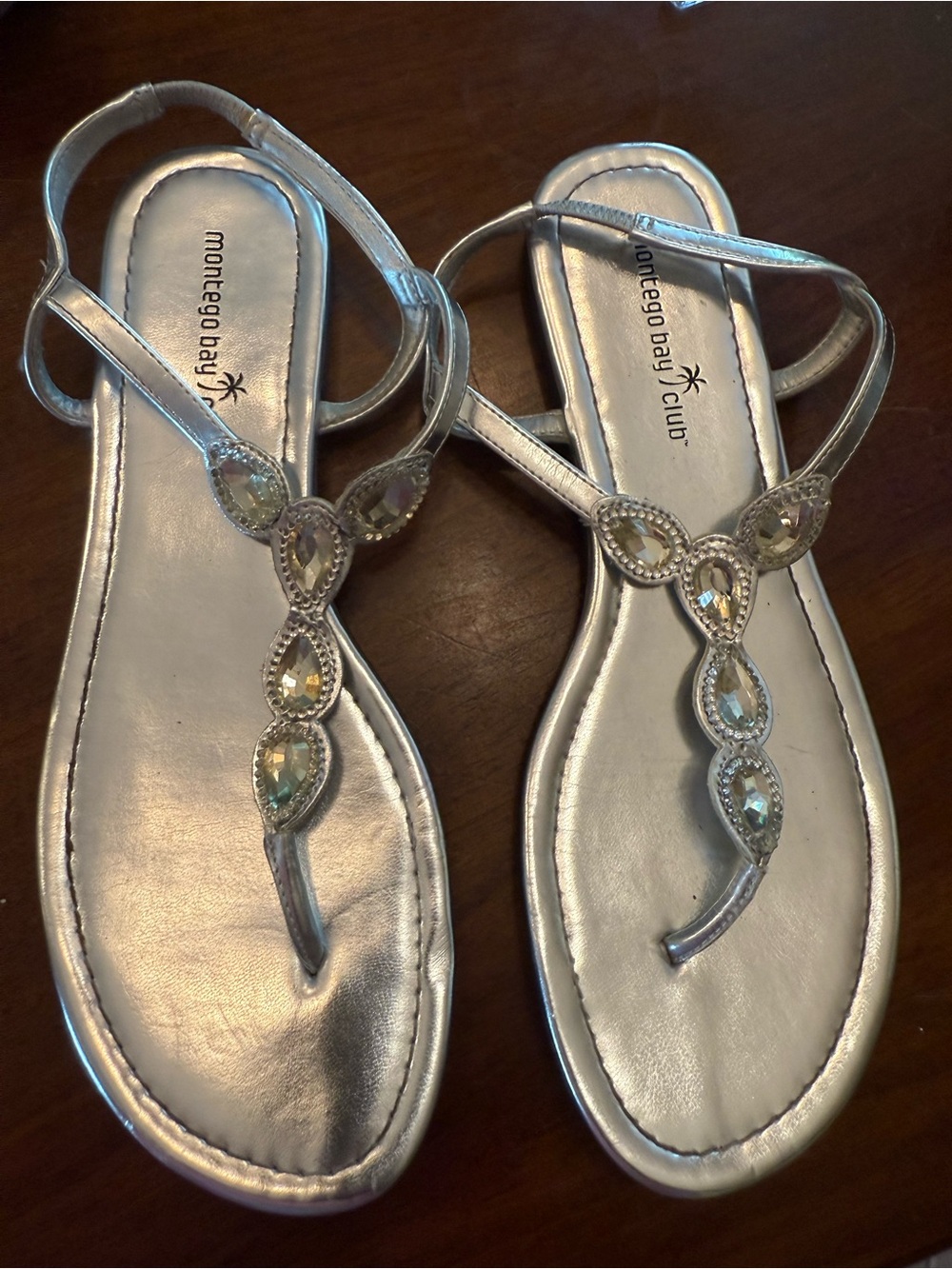 Montego Bay Club Silver Jeweled T-Strap Sandals with Slingback